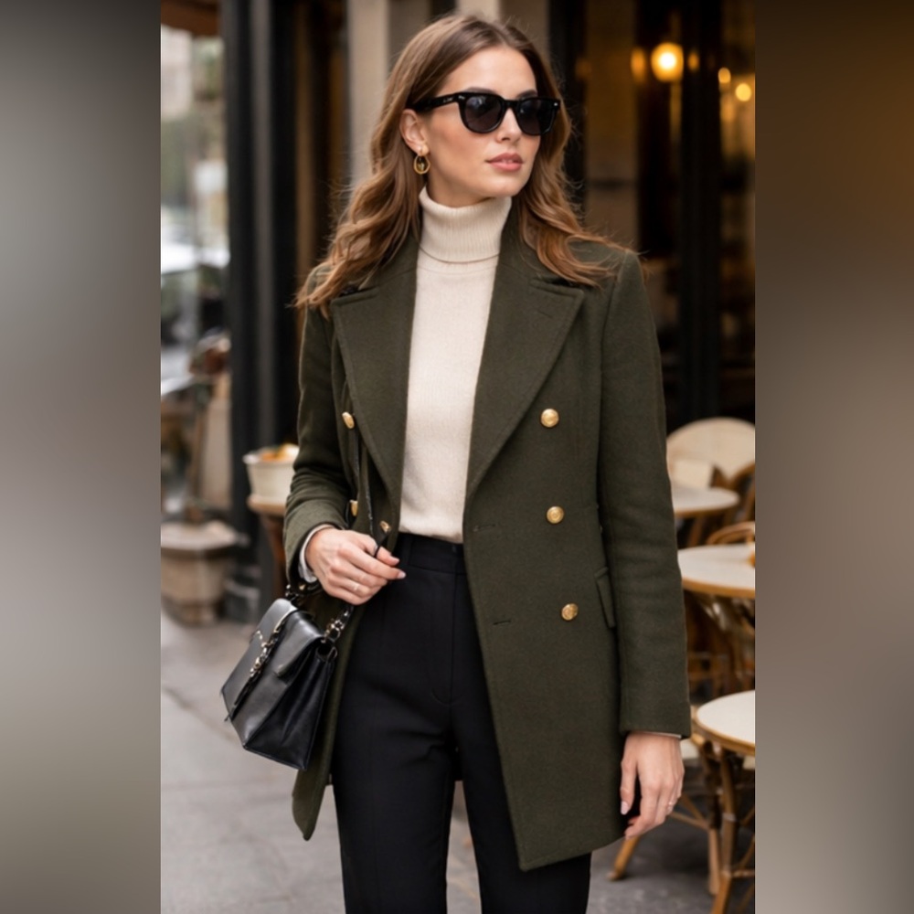 NWT Zara Wool Double-Breasted Pea Coat in Dark Olive Green Sz S - Picture 3 of 17